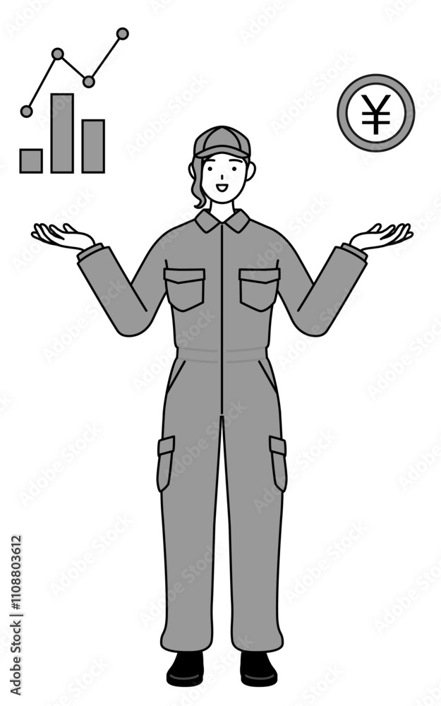 A mechanic woman in coveralls guiding an image of DX, performance and sales improvement. A mechanic woman in coveralls guiding an image of DX, performance and sales improvement.
