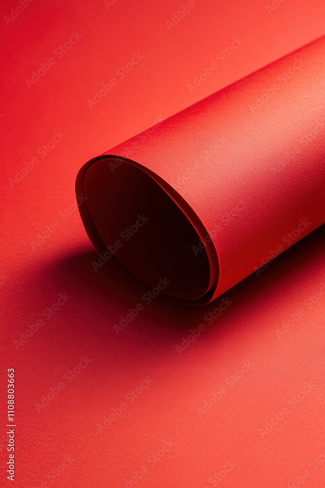 Smooth Red Paper Roll Unfurling Over Vibrant Red Surface Creating a Bold and Dynamic Visual Contrast Ideal for Backgrounds and Creative Projects