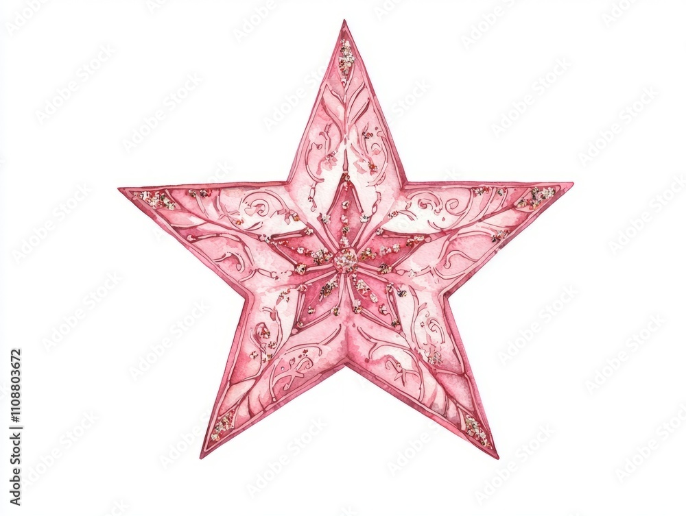 Obraz premium Shimmering Christmas Star Ornament - Festive Watercolor Illustration with Intricate Patterns and Sparkling Accents on Isolated White Background