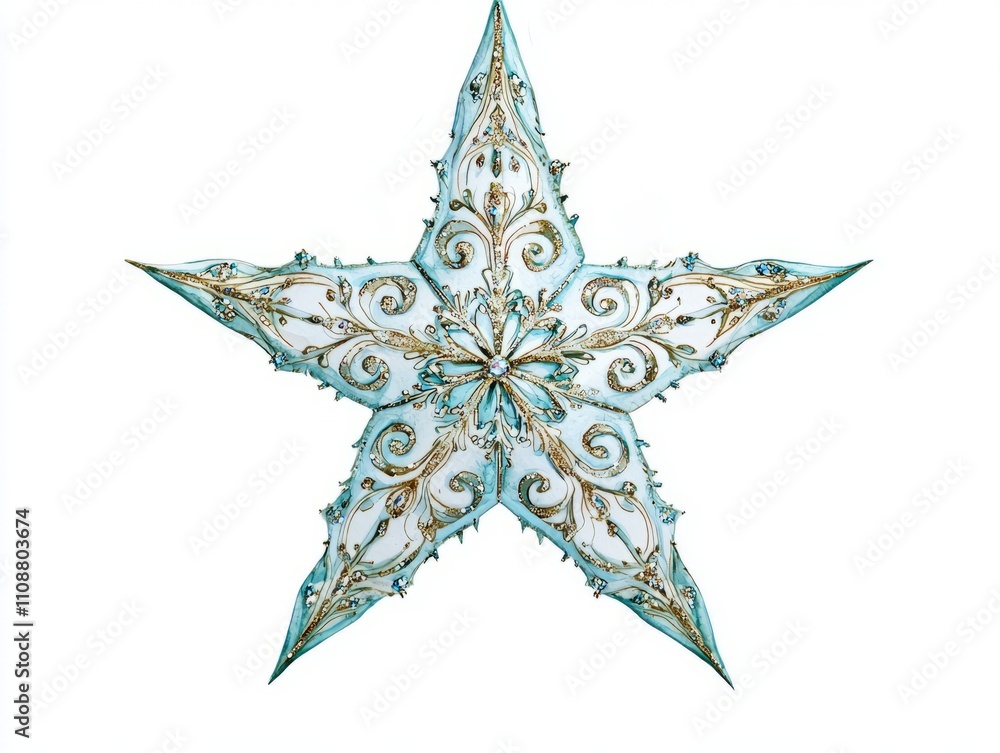 Obraz premium Radiant Watercolor Christmas Star Ornament â€“ Festive Symbol of Hope and Celebration | Intricate Patterns and Sparkling Accents on White Background