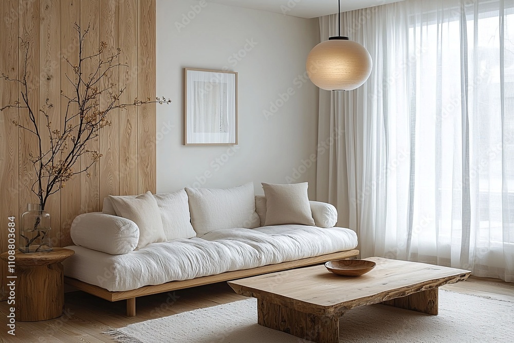 Fototapeta premium Minimalist, a living room photo of a combination of japandi interiors and Scandinavian interiors with white sofas and pendant lights with wood finishing parts of the walls. Generative AI 
