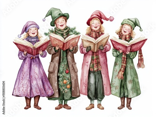 Vintage Watercolor Christmas Carolers Singing Joyfully | Vibrant Holiday Illustration with Intricate Detailing on Isolated White Background