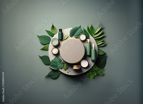 A circular display showcases a collection of skincare products nestled amongst lush green leaves on a muted green background.  The products are in shades of green and gold, suggesting natural ingredie photo