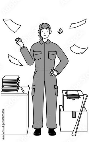 A mechanic woman in coveralls who is fed up with her unorganized business.