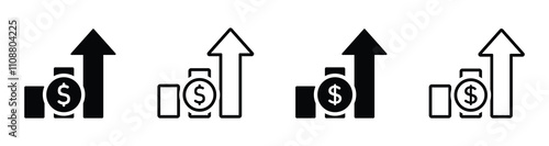 Dollar rate increase vector icon set. Cost rise vector illustration. Money increase vector signs. Dollar increase icon