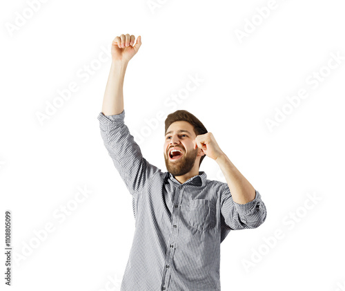 Canvas Print Man in checkered shirt smiling and cheering with raised arm, isolated on a white background