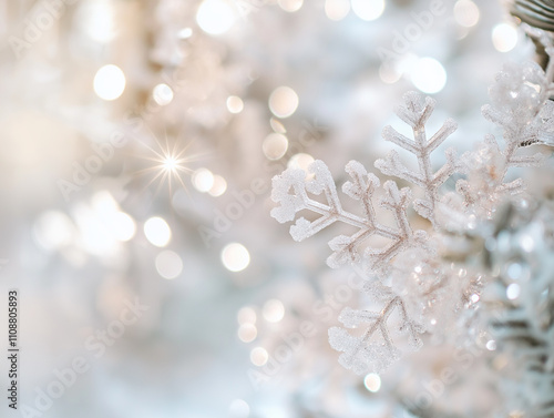 Sparkling Winter Scene with Frosted Snowflakes Against a Soft Bokeh Background