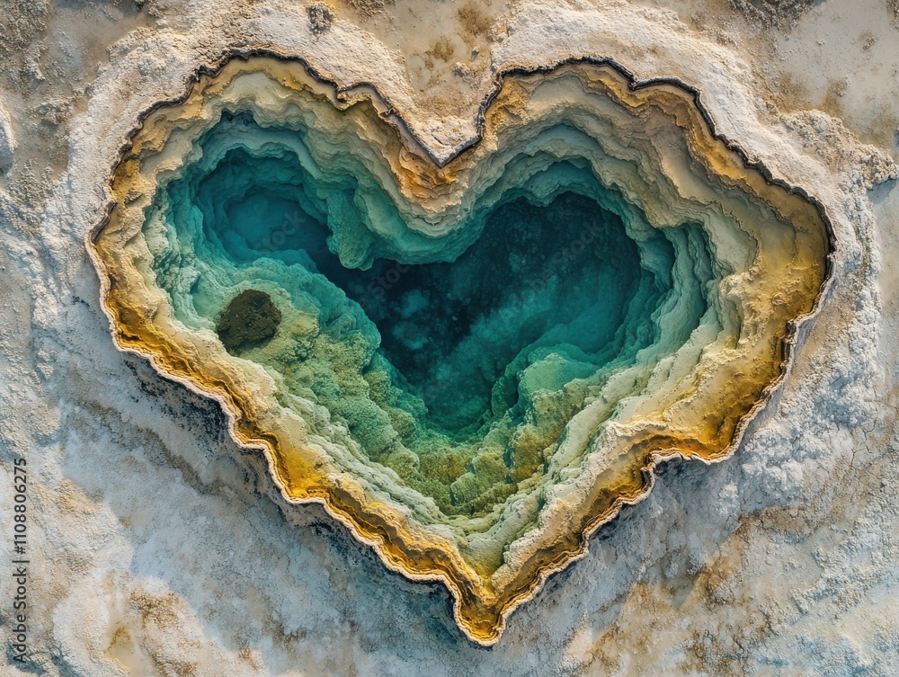 Fototapeta premium Stunning Aerial View of Heart-Shaped Thermal Pool Surrounded by Unique Mineral Deposits and Vibrant Colors in Nature's Wonderland