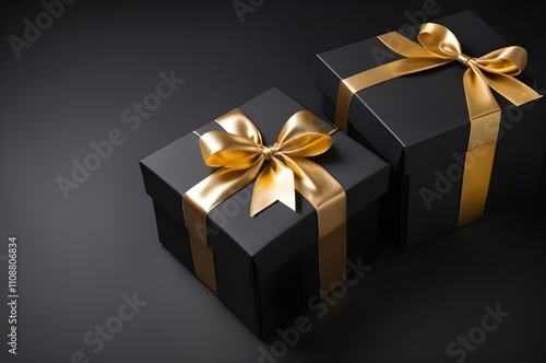Horizontal banner with luxury designed gift boxes with ribbon bows isolated on black background with copy space. Black Friday, Sale Holiday background. Christmas, new year, sale, shopping.