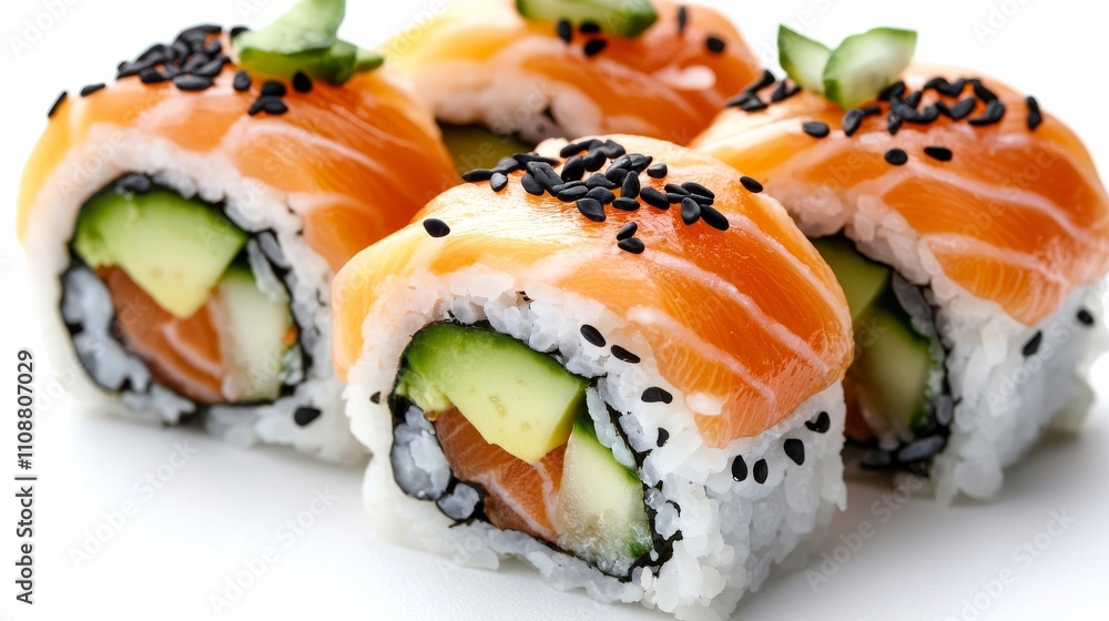 Fresh sushi rolls topped with salmon and garnished with sesame seeds, featuring cucumber and rice in a vibrant presentation. Fresh sushi rolls topped with salmon and garnished with sesame seeds, featuring cucumber and rice in a vibrant presentation.
