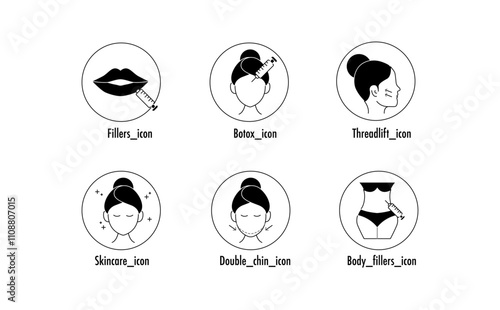 Cosmetic Procedure Icons - Fillers, Botox, Threadlift, Skincare, Double Chin, Body Fillers - Vector Icons