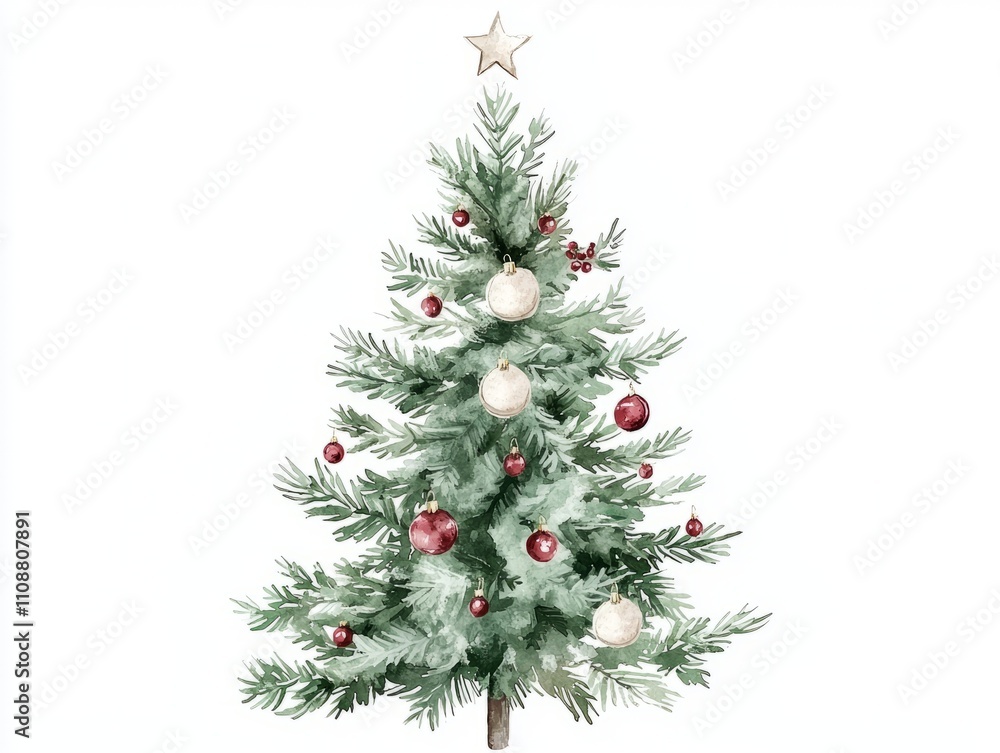 Fototapeta premium Festive Watercolor Christmas Tree with Handmade Decorations for Cozy Holiday Celebrations | Ultra-Detailed Artwork on White Background