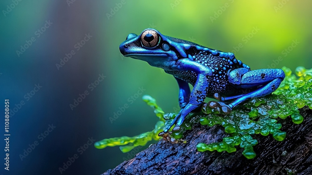 Obraz premium Vibrant Blue Poison Dart Frog on Mossy Log in Rainforest