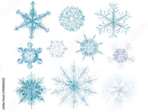 Enchanting Watercolor Christmas Snowflakes with Shimmering Effects on Isolated White Background, Ultra-Detailed Festive Artwork for Winter Season Wonder and Magic