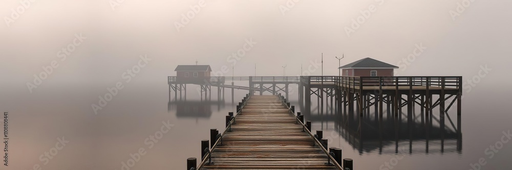 Fototapeta premium Dense autumn fog settles over the fishing dock, dock, sea
