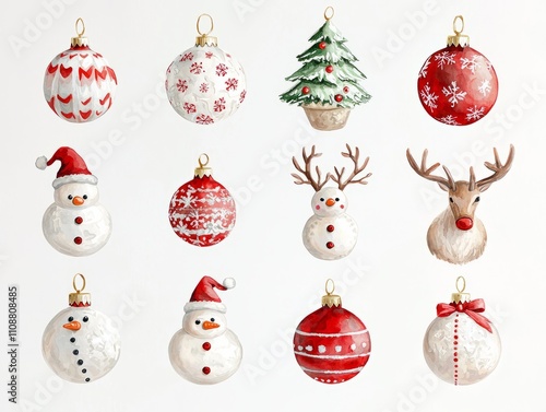 Festive Watercolor Christmas Ornaments - Snowmen and Reindeer Celebration | Vibrant Holiday Artwork on Isolated Background