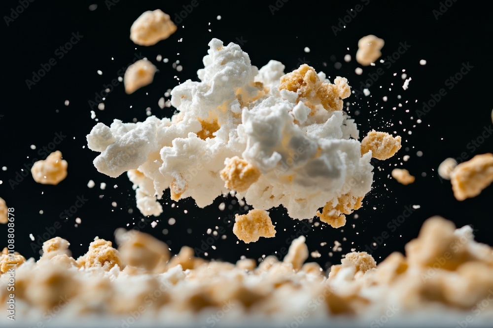 A dynamic, airborne popcorn explosion captured against a dramatic black background, showcasing motion and crunchiness in a playful display of culinary excitement. A dynamic, airborne popcorn explosion captured against a dramatic black background, showcasing motion and crunchiness in a playful display of culinary excitement.