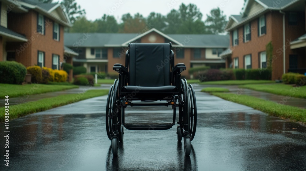 Obraz premium Empty wheelchair on a wet pathway in a quiet residential complex during overcast weather
