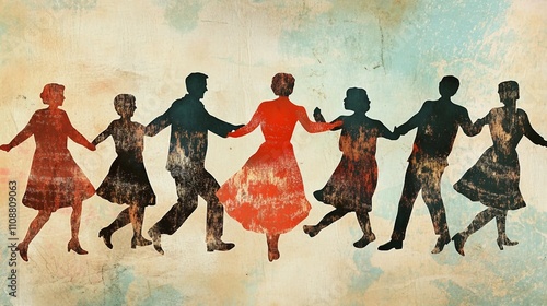 a painting of a group of people holding hands