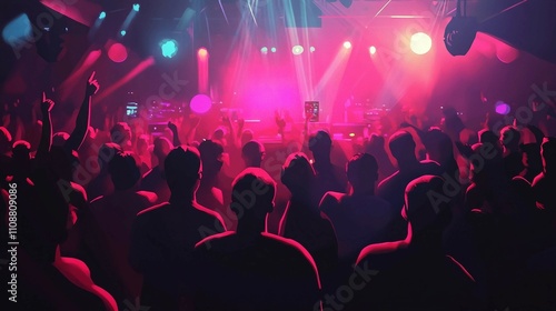 a crowd of people in a dark room with bright lights