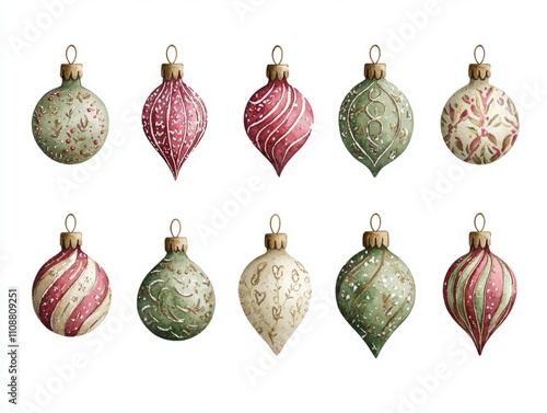 Festive Watercolor Christmas Ornaments with Intricate Patterns on White Background