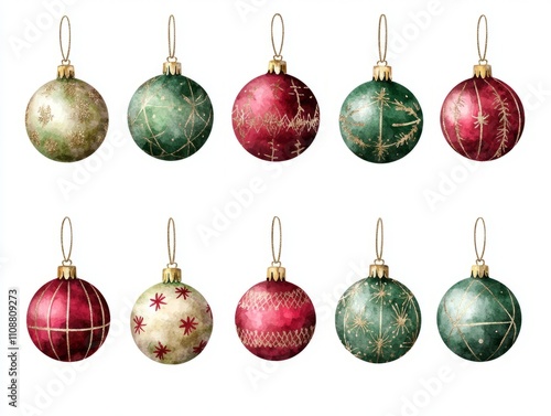 Festive Watercolor Christmas Ornaments in Red, Green, and Gold on White Background