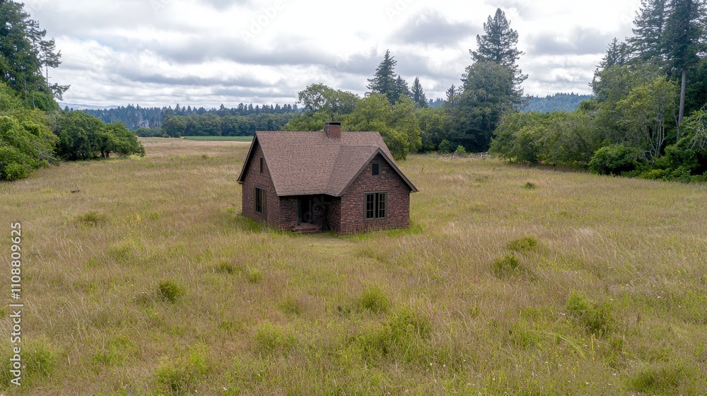 Fototapeta premium Rustic Brick House in a Summer Meadow Rural Landscape