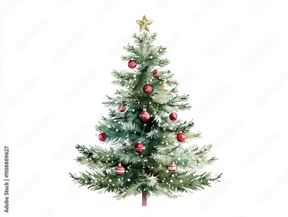Fototapeta premium Festive Watercolor Christmas Trees with Ornaments and Lights on Isolated White Background