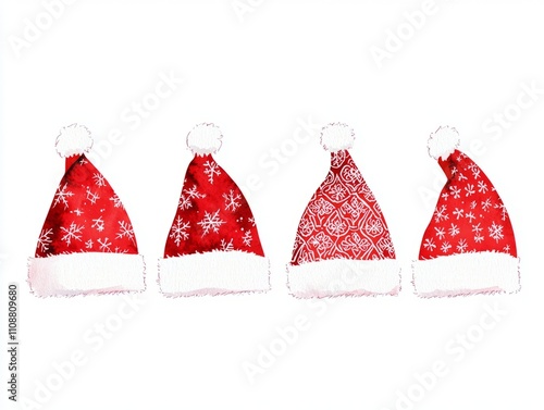 Festive Watercolor Hand-Drawn Santa Hats with Intricate Patterns on White Background