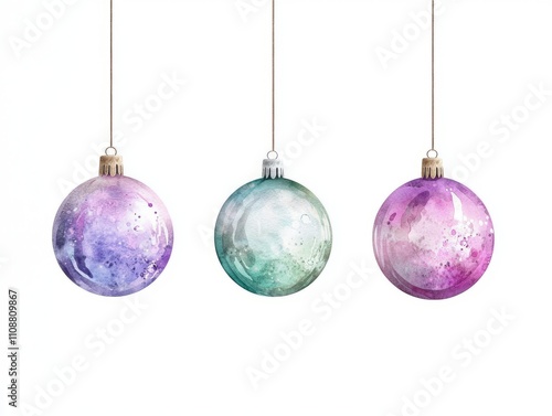 Festive Christmas Baubles: Colorful Watercolor Hand-Drawn Ornaments with Intricate Patterns and Textures Reflecting Light and Cheer on Isolated White Background, Ultra-Detailed