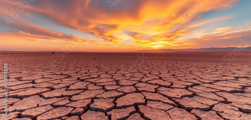 A stunning sunset over a dry desert landscape with cracked earth and an arid, textured environment