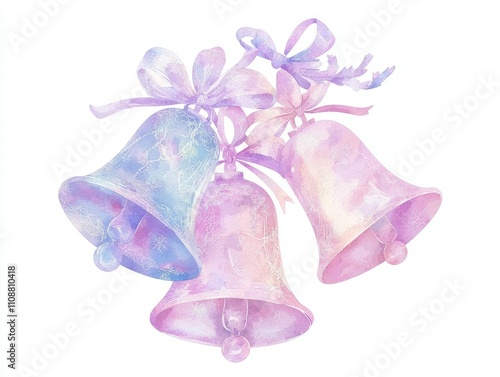 Festive Watercolor Christmas Bells with Intricate Patterns on White Background, Ultra-Detailed Holiday Illustration