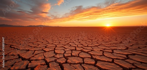 A stunning sunset over a dry desert landscape with cracked earth and an arid, textured environment photo