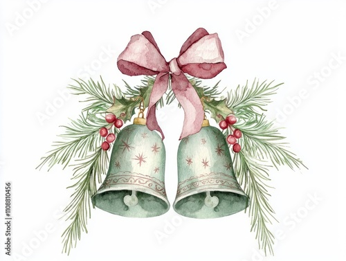 Delightful Watercolor Hand-Drawn Christmas Bells with Intricate Patterns and Vibrant Colors on Isolated White Background, Ultra-Detailed Festive Illustration