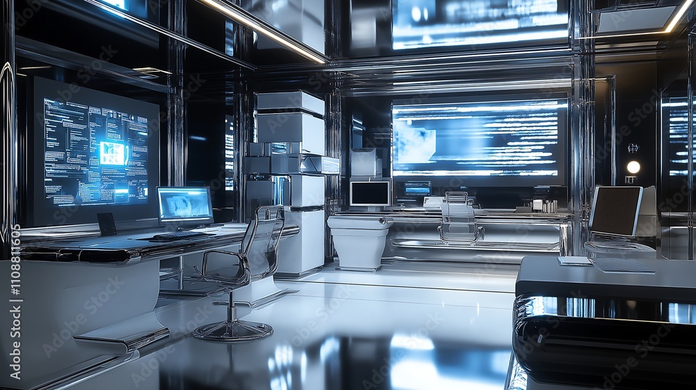 Fototapeta premium Futuristic workspace featuring advanced furniture, technology concept.