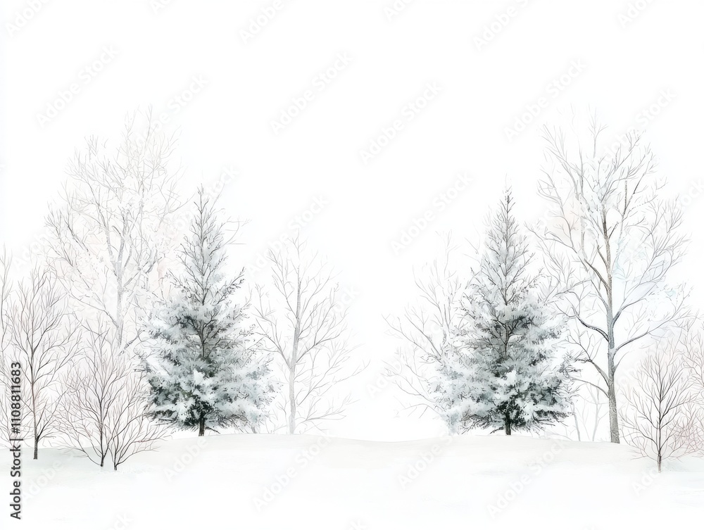 Fototapeta premium Winter Wonderland Watercolor Artwork with Intricate Trees and Festive Holiday Elements on White Background