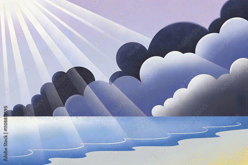 Fototapeta premium Sunlight Piercing Through Clouds Over Calm Ocean in Serene Illustration