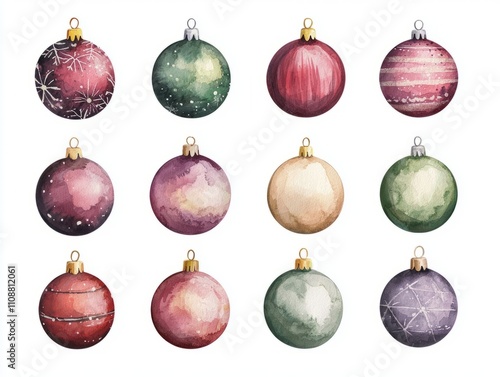 Vibrant Watercolor Holiday Ornaments - Festive Christmas Decor Illustration on Isolated White Background, Ultra-Detailed Hand-Drawn Artwork