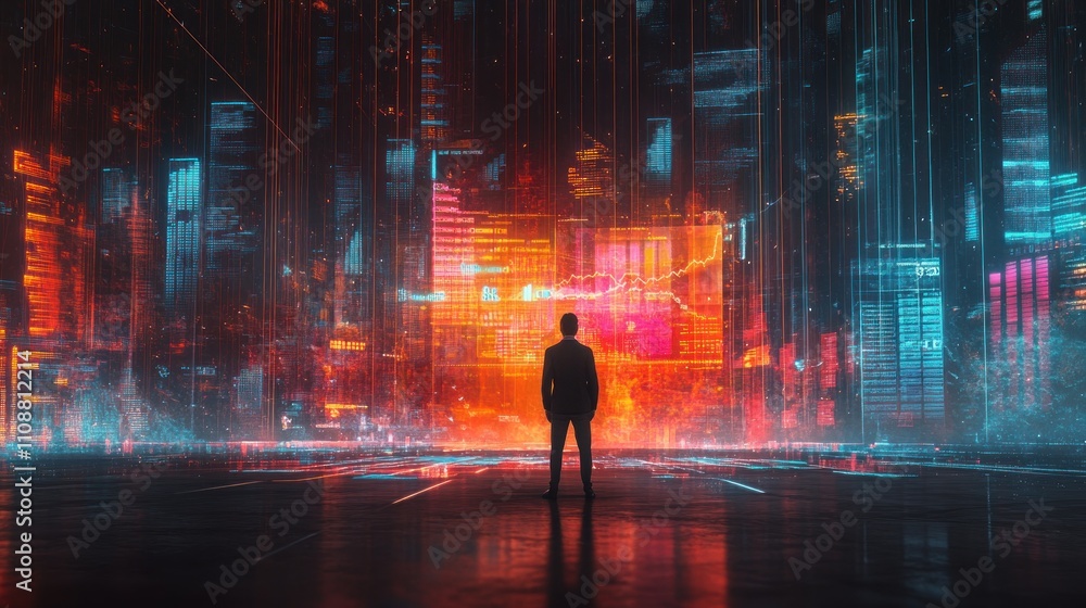 Cyberpunk Cityscape: A Man Contemplates the Digital Metropolis Cyberpunk Cityscape: A Man Contemplates the Digital Metropolis