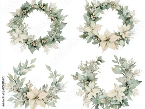 Festive Watercolor Holiday Wreaths - Symbol of Christmas Spirit | Detailed Hand-Drawn Decorations on Isolated White Background