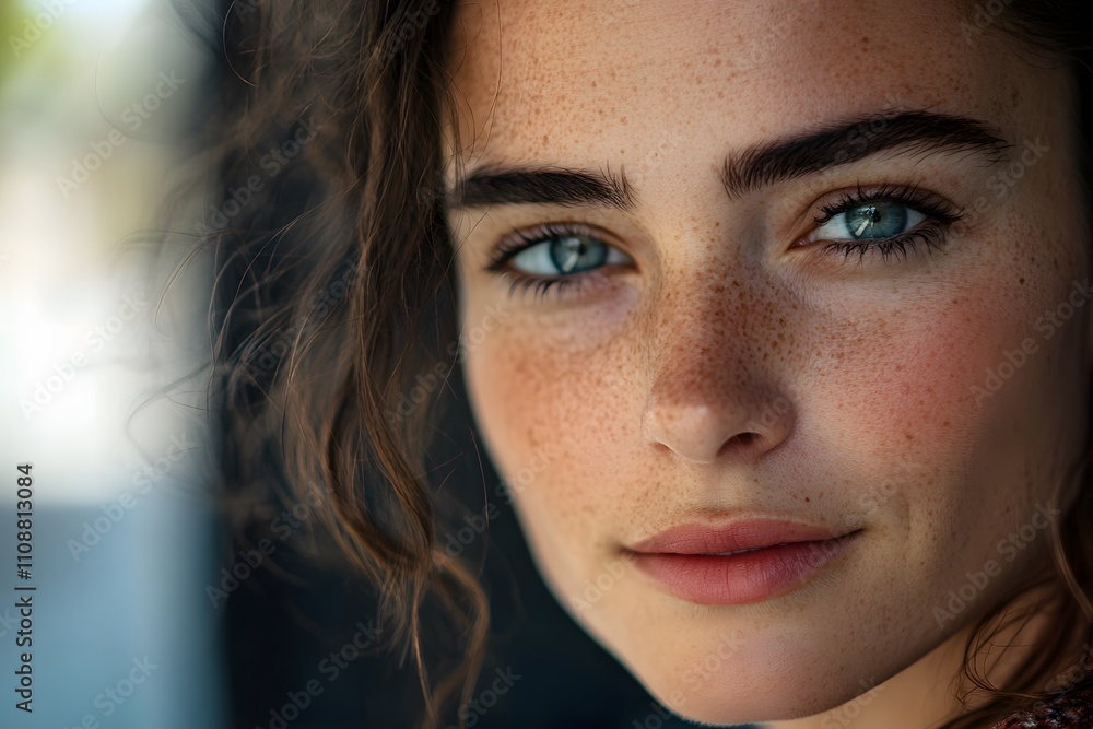 Fototapeta premium natural beauty with freckles and green eyes in a close-up portrait of a young woman with glowing skin