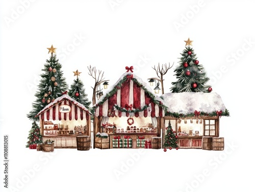 Enchanting Watercolor Christmas Market Illustration with Festive Stalls and Decorations on Isolated White Background, Holiday Shopping Magic, Ultra-Detailed Artwork