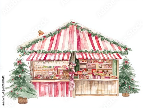 Festive Christmas Market Watercolor Illustration with Intricate Stalls and Holiday Decorations on Isolated Background