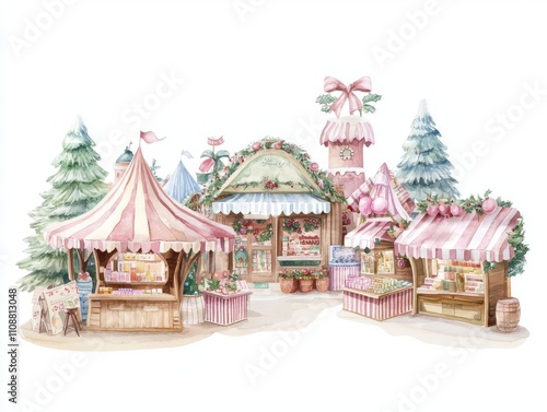 Festive Watercolor Christmas Markets Illustration on Isolated White Background - Ultra-Detailed Hand-Drawn Artwork of Holiday Shopping Magic