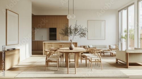 Minimalist open-plan living and dining area with wooden furniture and natural light.
