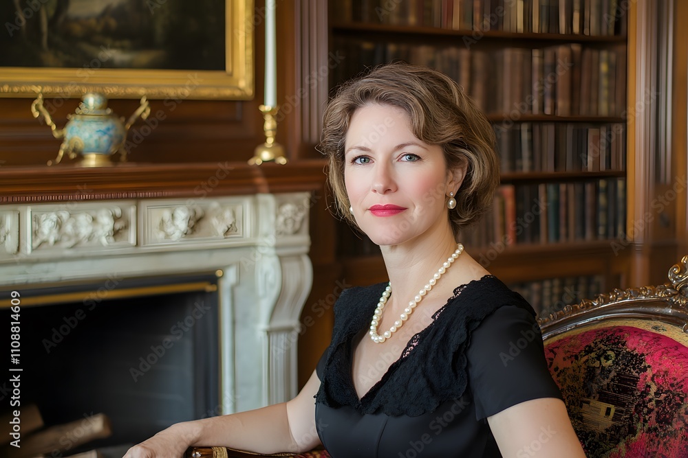 elegant woman wearing a pearl necklace in a classic portrait within a luxurious vintage setting and sophisticated style elegant woman wearing a pearl necklace in a classic portrait within a luxurious vintage setting and sophisticated style
