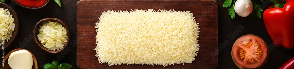 A wooden board with uncooked rice surrounded by fresh vegetables and ingredients for cooking. A wooden board with uncooked rice surrounded by fresh vegetables and ingredients for cooking.