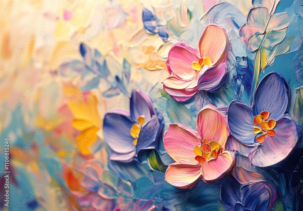 Obraz premium Vibrant and Colorful Floral Abstract Artwork Featuring Delicate Pink and Blue Flowers with Textured Brushstrokes on a Light Background