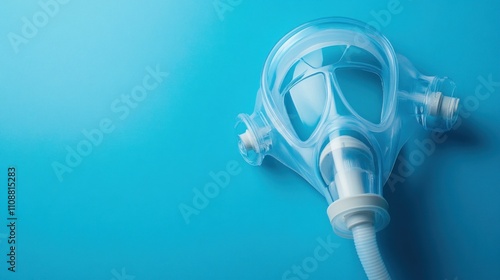 Transparent CPAP mask on blue background. photo