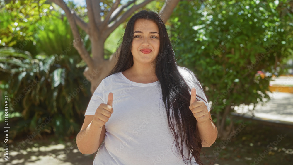 Naklejka premium Young hispanic woman outdoors in urban park giving thumbs up with a happy expression on a sunny day